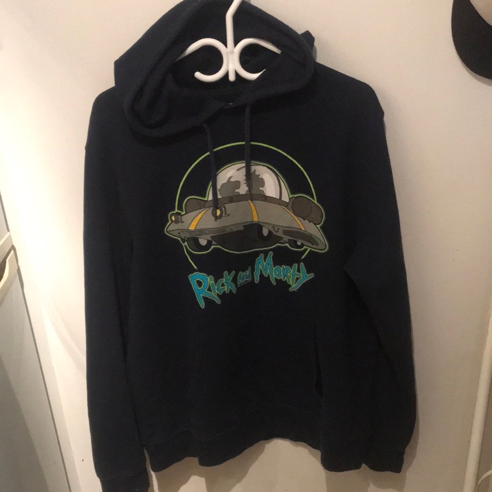 Awesome Rick and Morty Old Navy Collaboration Dark Blue Hoodie w neon blue/green